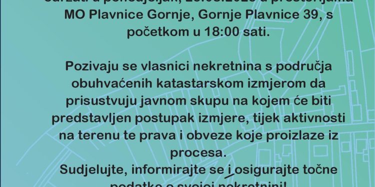 Poziv za javni skup: u tijeku je izmjera dijela katastarskog područja Gornje Plavnice