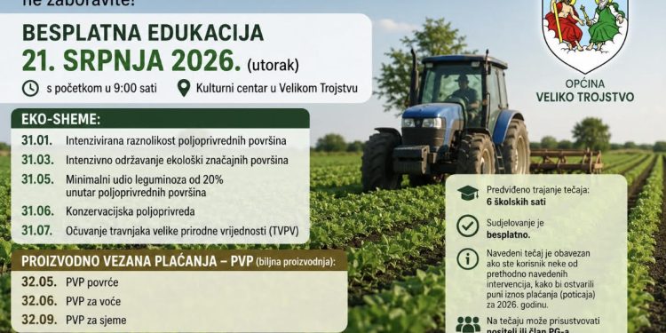 Sutra u Velikom Trojstvu besplatna edukacija za poljoprivrednike o eko-shemama i potporama za 2026.