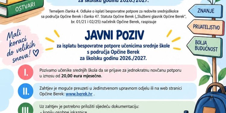 Berek pomaže srednjoškolcima: Učenici mogu dobiti 20 eura mjesečno